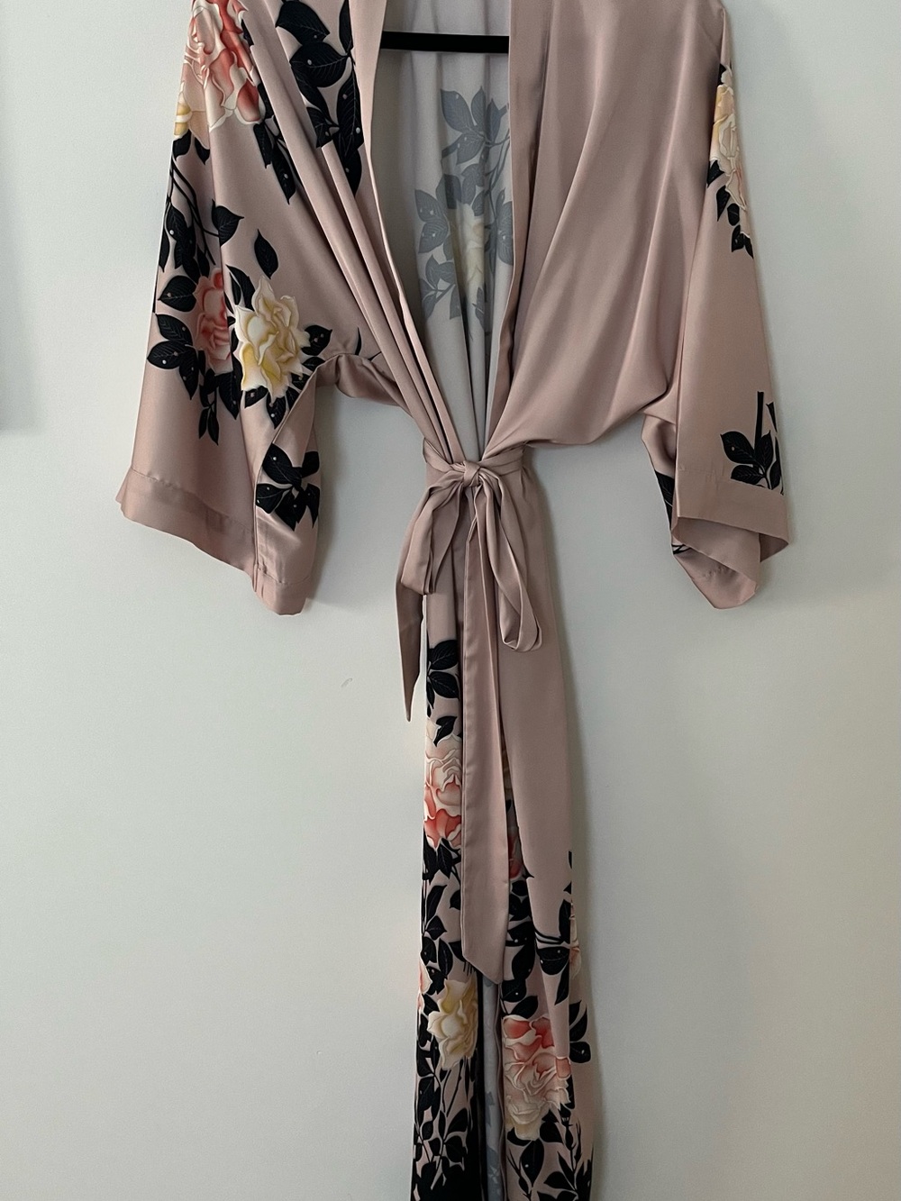 Long Floral Satin Kimono Robe - Pink - Picture 3 of 7